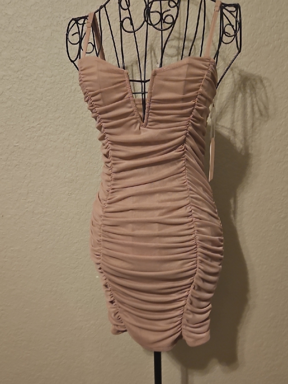Ruched V-Neck Bodycon Dress in Tan
